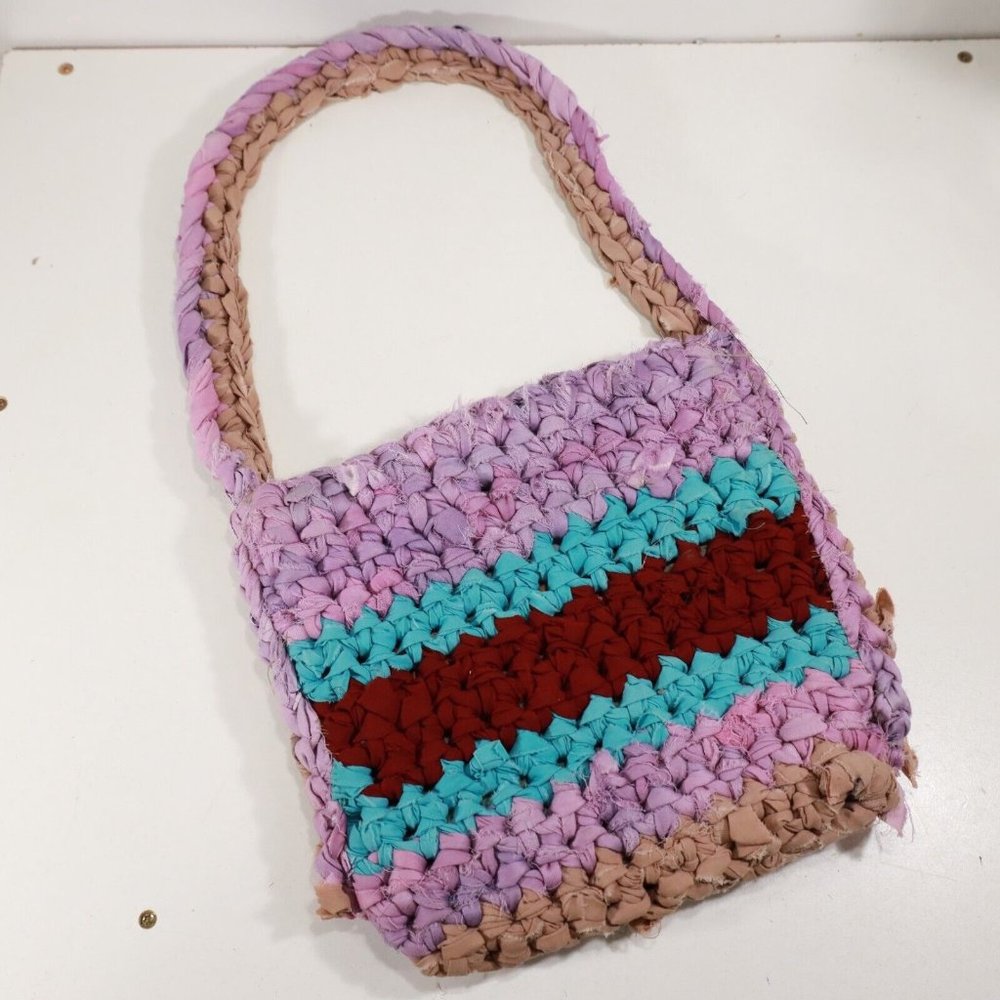 4/$20 Crochet Woven Rag Purse Handbag Multicolored Handmade Purple Blue